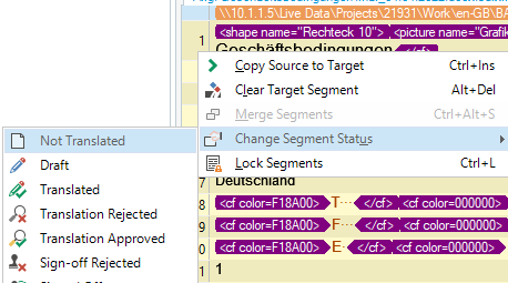 Trados Studio 'Change Segment Status' dropdown menu with various segment status options such as Not Translated, Draft, and Translated.