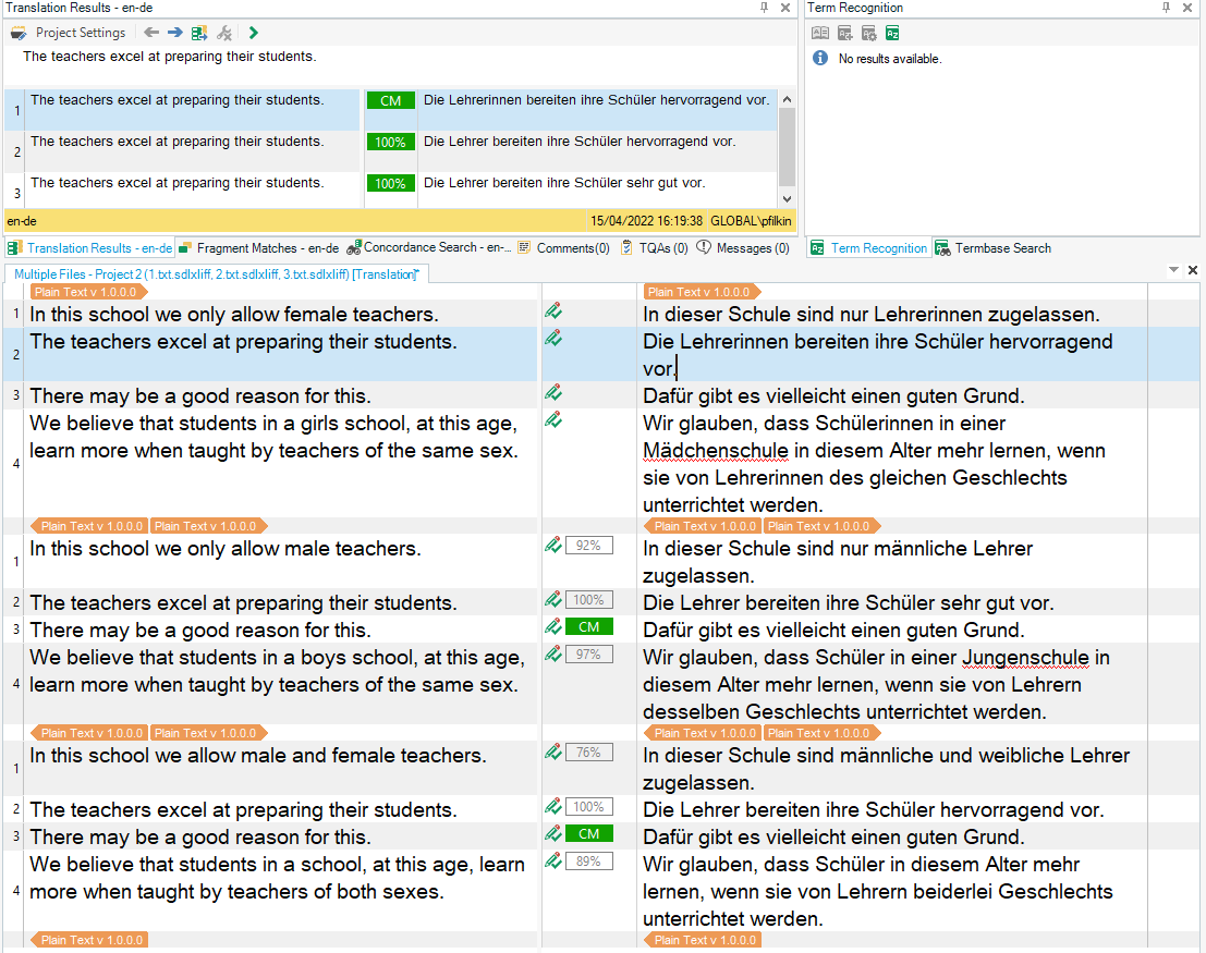 Screenshot of Trados Studio showing translation results with three different context matches labeled as 'CM', '100%', and '100%' for the same source segment.