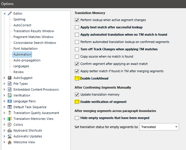 Trados Studio Options window showing Editor settings with 'Enable LookAhead' and 'Enable verification of segment' options unchecked to improve performance.