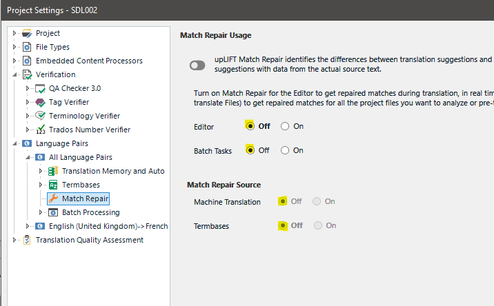 Trados Studio Project Settings window with 'Match Repair' option turned off under the Translation Memory and AutoSuggest settings.