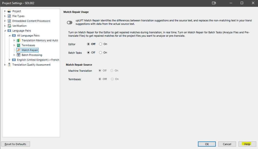 Trados Studio Project Settings window displaying Match Repair Usage information with Editor and Batch Tasks options set to Off.