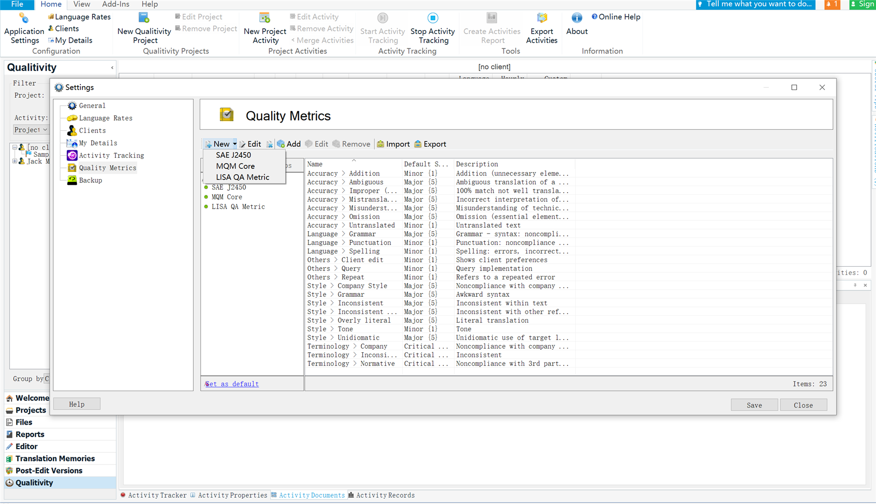 Screenshot of Trados Studio's Qualitivity Quality Metrics window showing a list of editable metrics such as Accuracy, Language, Style, and Terminology with options to add, edit, and import metrics.