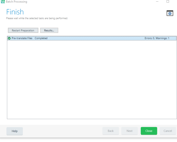 Trados Studio batch processing screen showing 'Pre-translate Files' task completed with 0 errors and 1 warning.