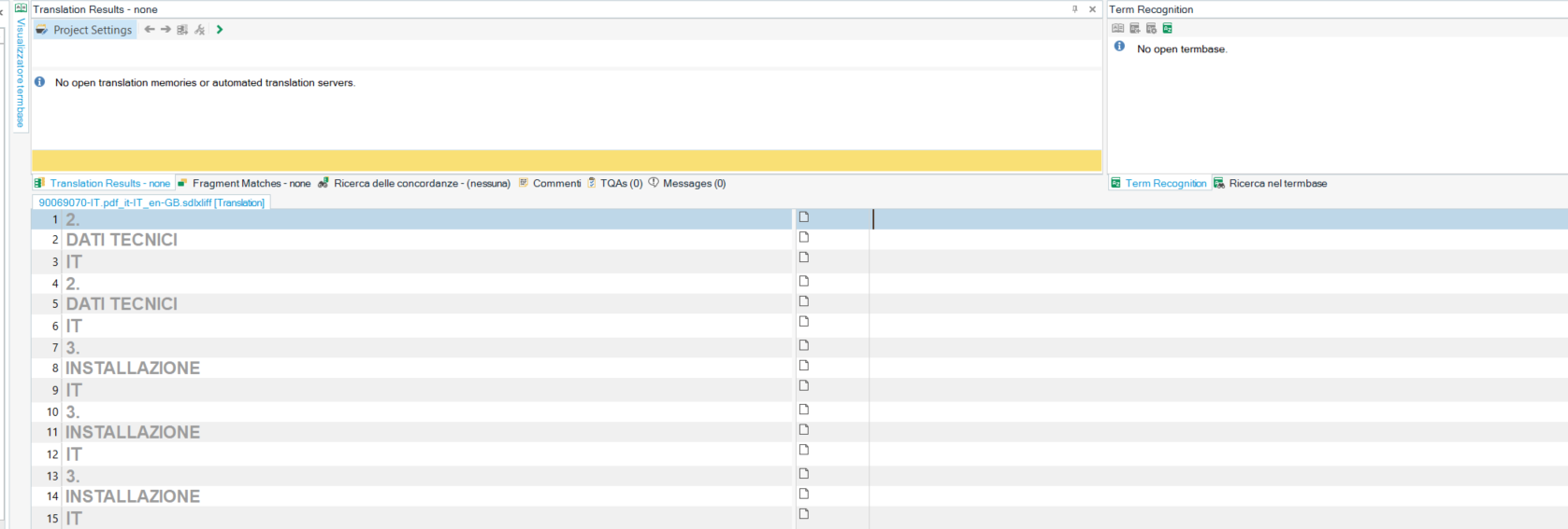 Trados Studio translation results screen with a message 'No open translation memories or automated translation servers.' and no translation results displayed.