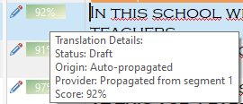 Hovering tooltip showing Translation Details with Status: Draft, Origin: Auto-propagated, Provider: Propagated from segment 1, Score: 92%.