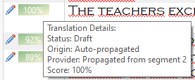 Hovering tooltip showing Translation Details with Status: Draft, Origin: Auto-propagated, Provider: Propagated from segment 2, Score: 100%.