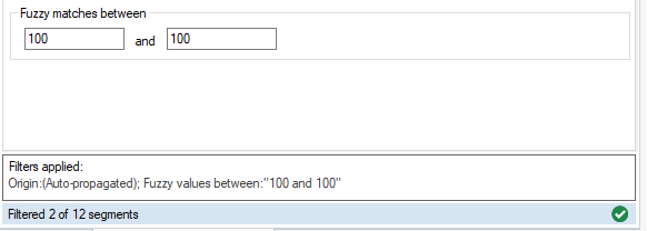 Filter summary bar indicating filters applied: Origin: (Auto-propagated), Fuzzy values between: '100 and 100' with 2 of 12 segments filtered.