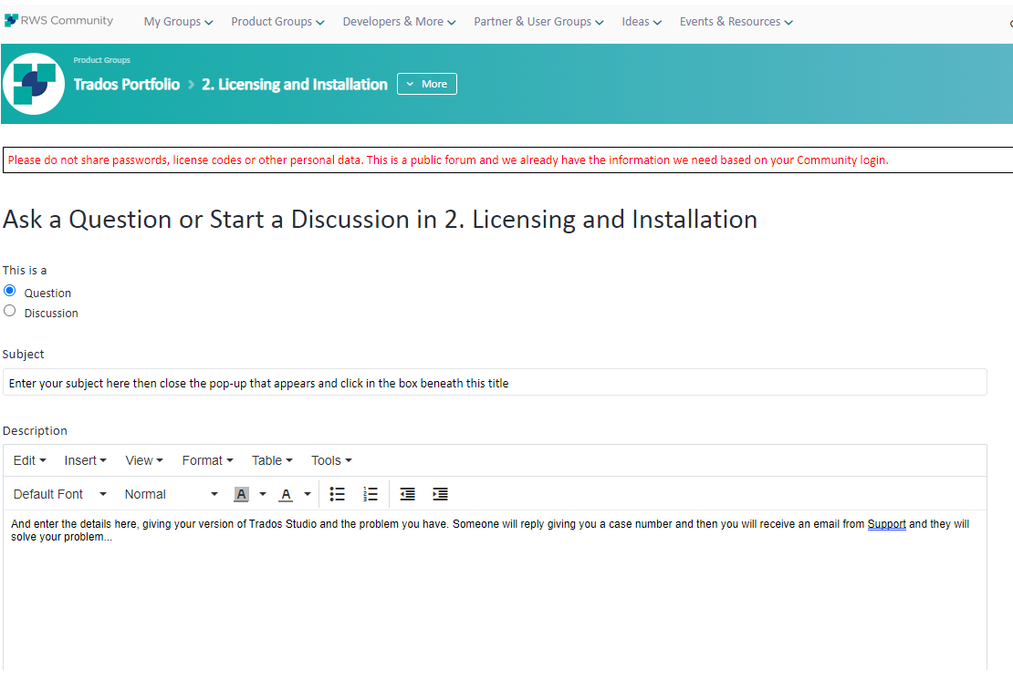 RWS Community forum page for Trados Portfolio under the section '2. Licensing and Installation' with a prompt to ask a question or start a discussion.