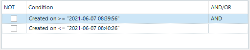 Trados Studio filter settings showing conditions for 'Created on' dates with specific timestamps.