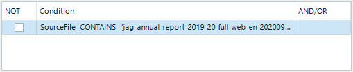 Trados Studio filter settings showing a condition for 'SourceFile' containing a specific file name.