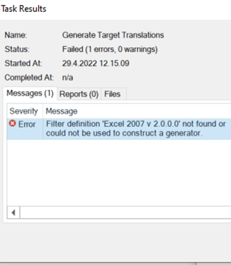 Error message in Trados Studio: 'Filter definition 'Excel 2007 v 2.0.0.0' not found or could not be used to construct a generator.'