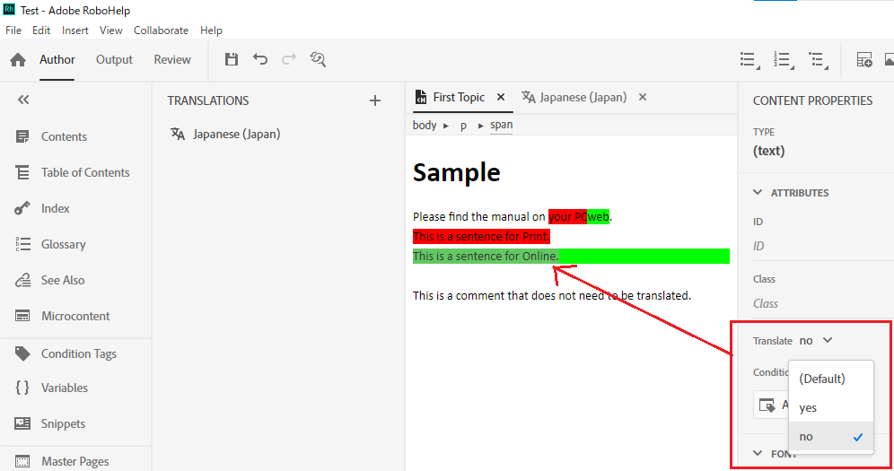 Adobe RoboHelp interface showing the 'translate=no' attribute applied to a span tag within the HTML content.