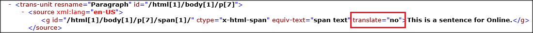 XLIFF code snippet with 'translate=no' attribute applied to a span tag outside of the trans-unit tag.