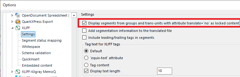 Trados Studio XLIFF settings with the option to display segments with 'translate=no' as locked content checked.