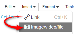Dropdown menu with 'Insert' selected, showing an option for 'Imagevideofile' with a red arrow pointing towards it.