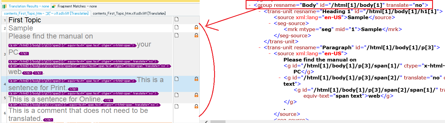 Screenshot of Trados Studio interface showing a segment of text with 'translate=no' attribute in the XLIFF code on the right, and corresponding non-translatable text highlighted in purple on the left.