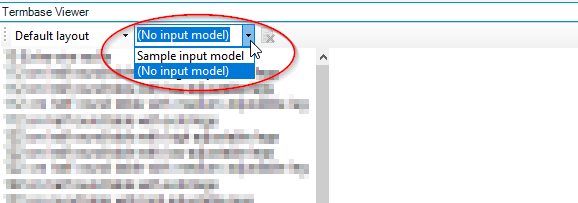 Dropdown menu in Trados Studio Termbase Viewer with 'No input model' selected and 'Sample input model' as an option.