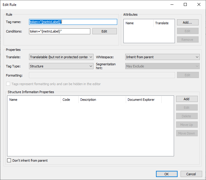 Edit Rule dialog in Trados Studio with properties for the 'metricLabel' token, set as translatable but not in protected content, with structure tag type.