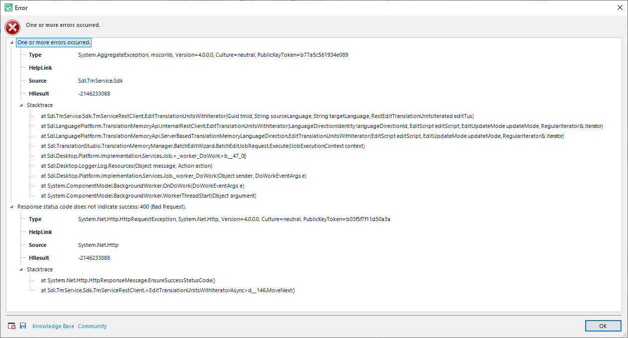 Detailed error message in Trados Studio with 'One or more errors occurred.' and technical details including 'SystemAggregateException' and 'Response status code does not indicate success: 400 (Bad Request).'