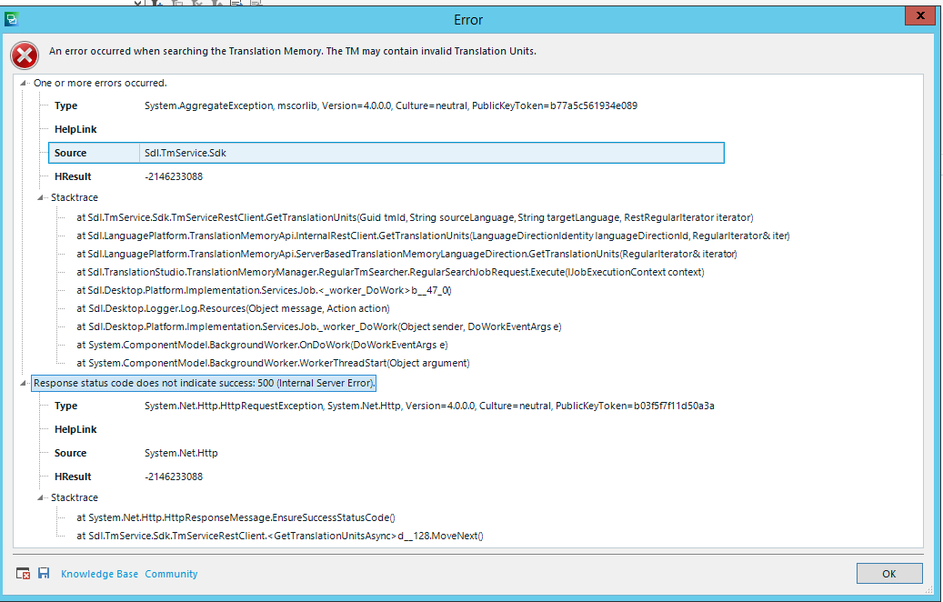 Error dialog box in Trados Studio showing 'An error occurred when searching the Translation Memory. The TM may contain invalid Translation Units.' and 'Response status code does not indicate success: 500 (Internal Server Error)'.