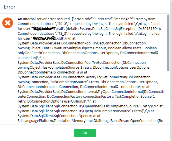 Error dialog box in Trados Studio displaying 'An internal server error occurred. Cannot open database "ITS_3" requested by the login. The login failed.' and a detailed stack trace.