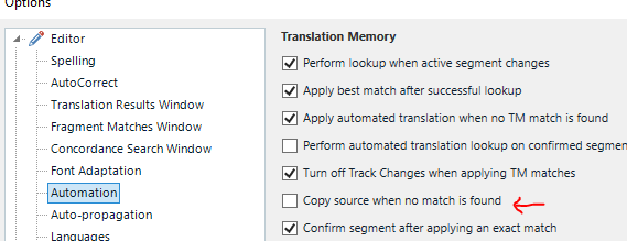 Trados Studio options menu under 'Automation' tab with 'Copy source when no match is found' option checked and highlighted with a red arrow.