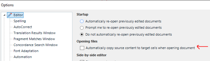 Trados Studio options menu with 'Automatically copy source content to target cells when opening document' option checked and highlighted with a red arrow.