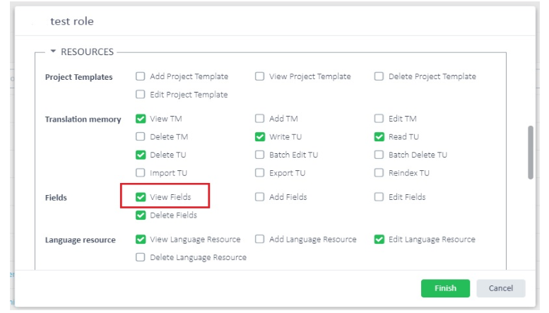 Trados Studio screenshot showing the 'test role' permissions page with 'View Fields' option highlighted in red under the 'Fields' section.