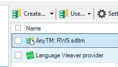 Trados Studio screenshot showing the order of translation memory and machine translation providers, with 'AnyTM: RW.sdlTM' listed above 'Language Weaver provider'.