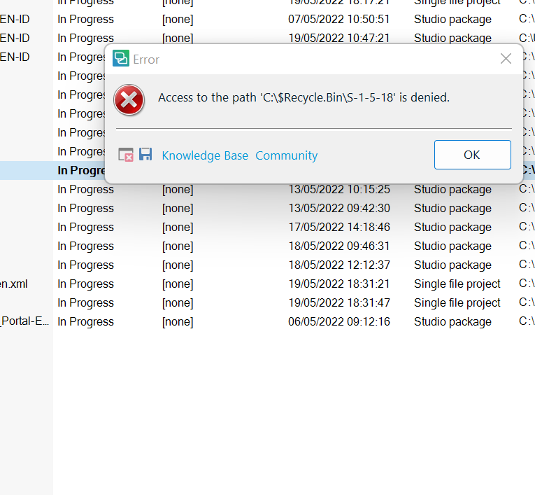 Screenshot of Trados Studio error message stating 'Access to the path 'C:$Recycle.BinS-1-5-18' is denied.' with an OK button.