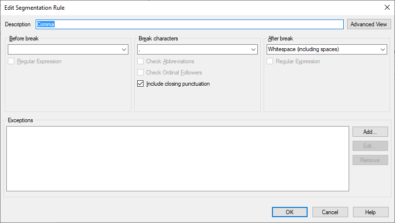 Screenshot of Trados Studio's Edit Segmentation Rule window with 'Comma' as the description. The 'Before break' field is empty, 'Break characters' field contains a period, and 'After break' is set to 'Whitespace (including spaces)'. No exceptions listed.