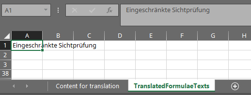 Excel worksheet titled 'TranslatedFormulaeTexts' with cell A1 containing the text 'Eingeschrankte Sichtprufung' for translation purposes.