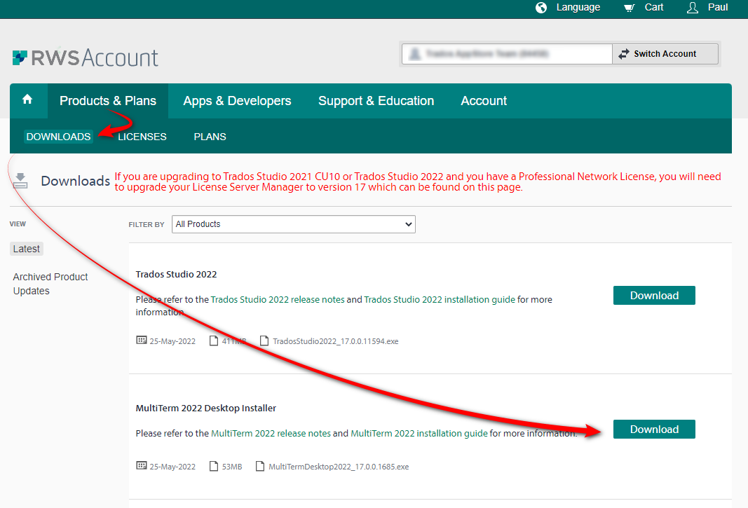 RWS Account page showing the Downloads tab selected under Products & Plans. A message about upgrading Trados Studio and License Server Manager is visible. Two download options are shown: Trados Studio 2022 and MultiTerm 2022 Desktop Installer with respective download buttons and file sizes.