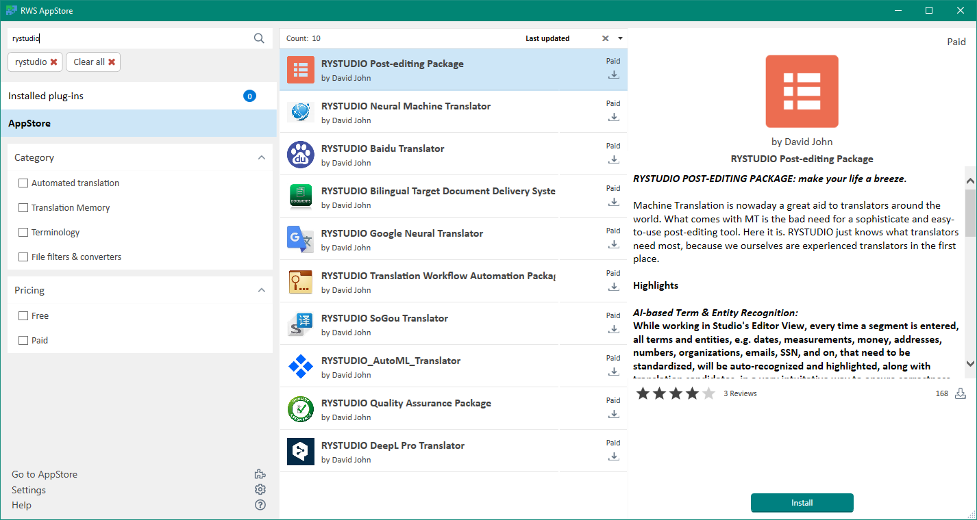 Screenshot of RWS AppStore showing a search for 'rystudio' with 10 results displayed. The list includes various paid plugins by David John such as RYSTUDIO Post-editing Package, Neural Machine Translator, and others.