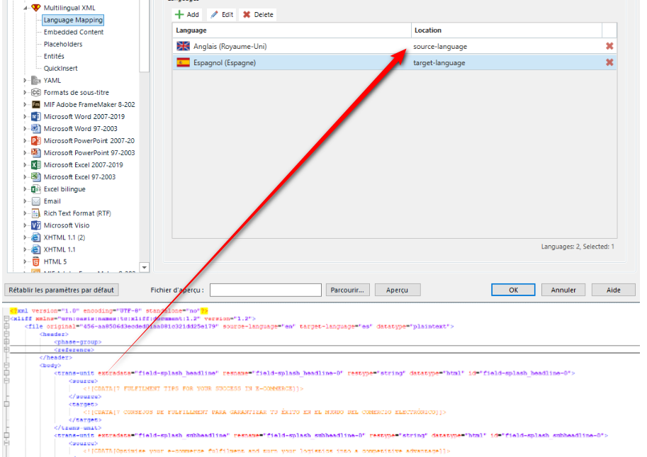 Screenshot of Trados Studio showing a red arrow pointing to an error in the Language Mapping settings where 'source-language' should be 'source'. XML code visible in the background.