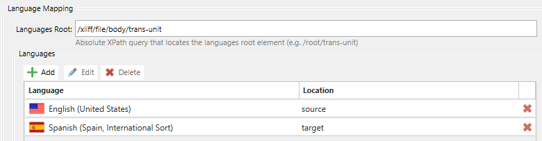 Screenshot of Trados Studio's Language Mapping settings displaying an XPath query for languages root and a list with English (United States) as source and Spanish (Spain, International Sort) as target.