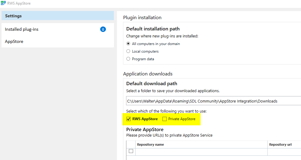 Trados Studio settings showing RWS AppStore selected and Private AppStore option unchecked.