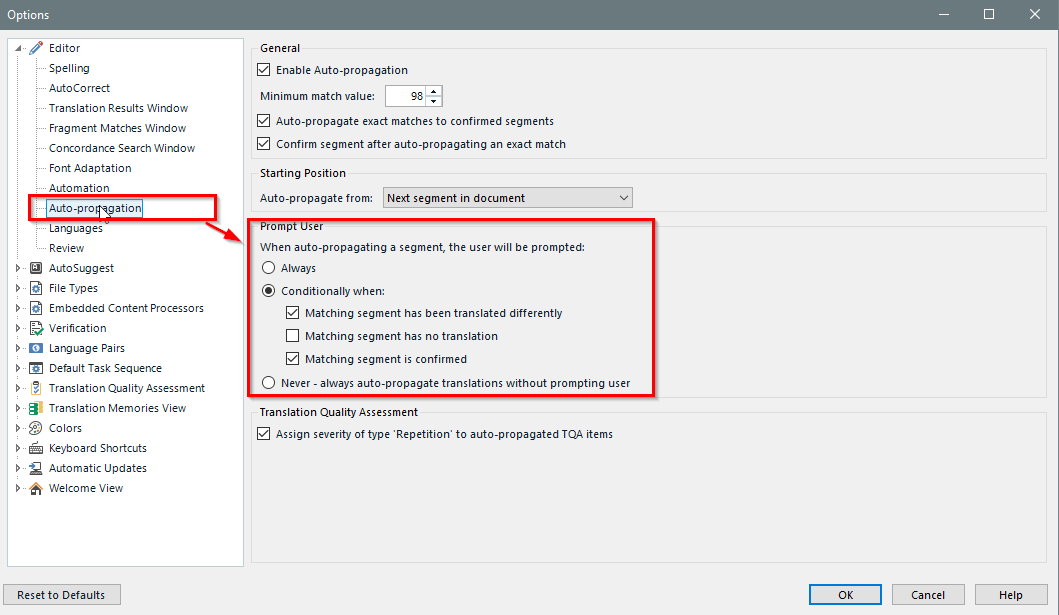 Trados Studio options menu with 'Auto-propagation' section highlighted, showing settings for enabling auto-propagation, minimum match value, and prompting user options.