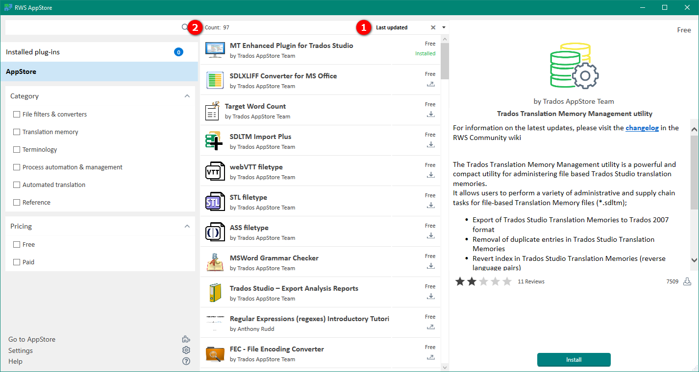 RWS AppStore window showing 97 updates available, with 'Last updated' filter applied. MT Enhanced Plugin for Trados Studio is installed and listed first.