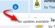 Screenshot of Trados Studio showing a blue circle with a zero, indicating no plugin updates available, with a tooltip text 'No updates available' pointed by a red arrow.