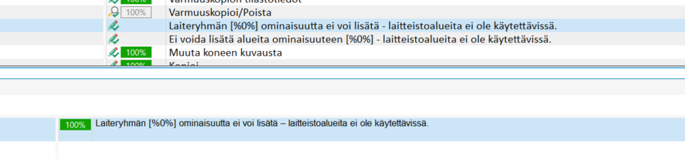 Screenshot of Trados Studio showing a Translation Memory (TM) match with 100% match value and a warning message stating 'Cannot add area property - device area not available.'