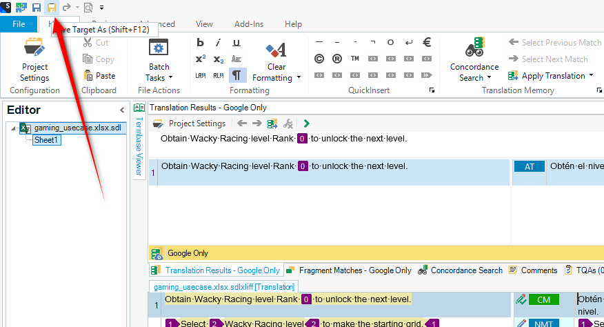 Trados Studio screenshot showing the 'Save Target As' option in the File menu, with an arrow pointing to the Editor view where a file named 'gaming_usecase.xlsx.sdlxliff' is open on 'Sheet1'.