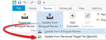 Trados Studio screenshot showing the 'Review' tab with options for 'Export for Bilingual Review', 'Update from Bilingual Review', and 'Update from Reviewed Target File (Retrofit)'. A red arrow points to the Retrofit option.