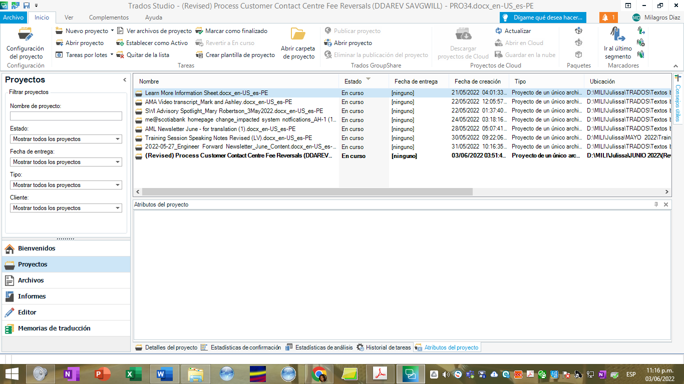 Trados Studio interface showing project list with 'Save to Cloud' option greyed out and unavailable. User's name 'Milagros Diaz' visible in the top right corner.