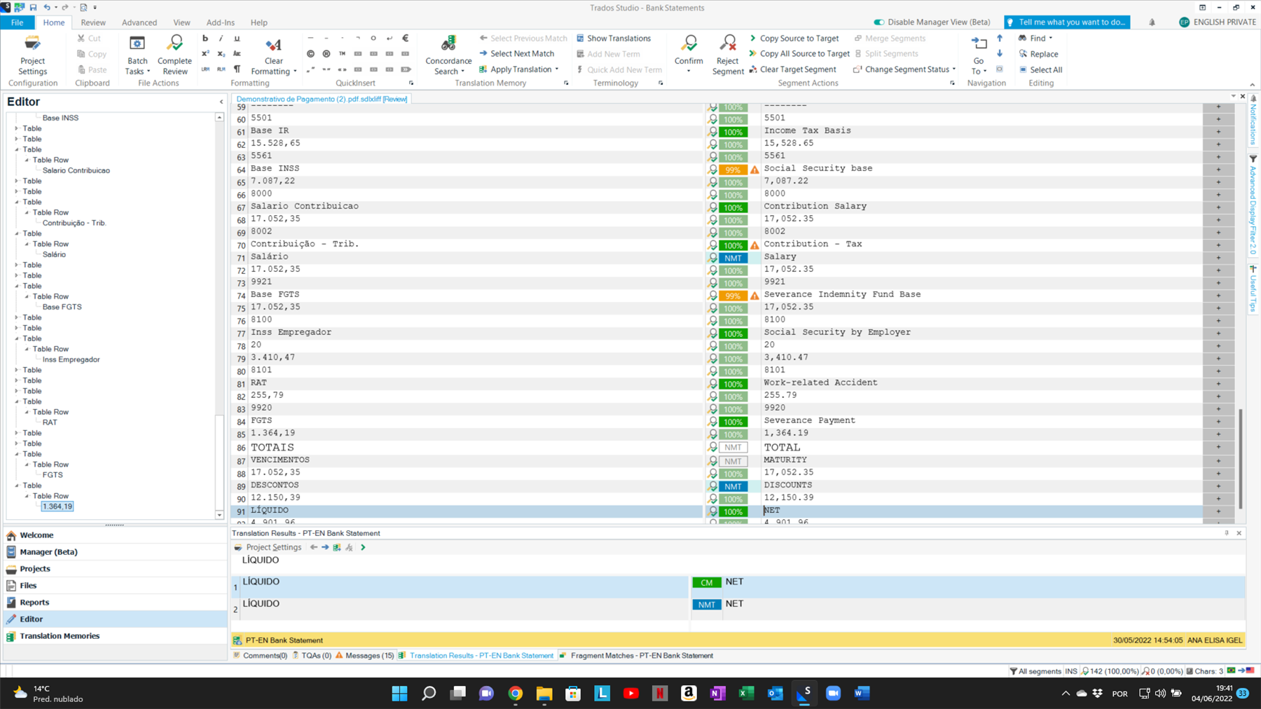 Screenshot of Trados Studio interface showing an open file with translation segments. The 'Save As' option is grayed out, indicating it is unavailable. The bottom status bar shows 'Trados Live Essentials 2022'.