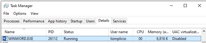 Screenshot of Task Manager showing WINWORD.EXE process running with PID 26112, status Running, under user name 'lsimplicio', consuming 6,816 K memory.