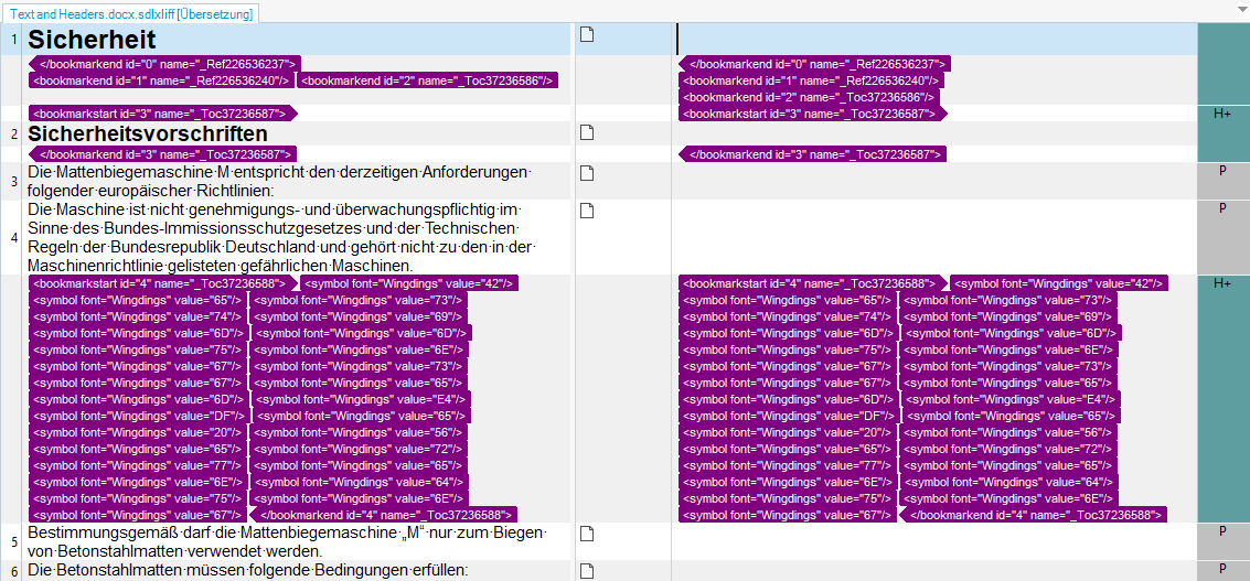 Screenshot of Trados Studio showing a segment of text with Wingdings symbols instead of Arial font, indicating an import error.