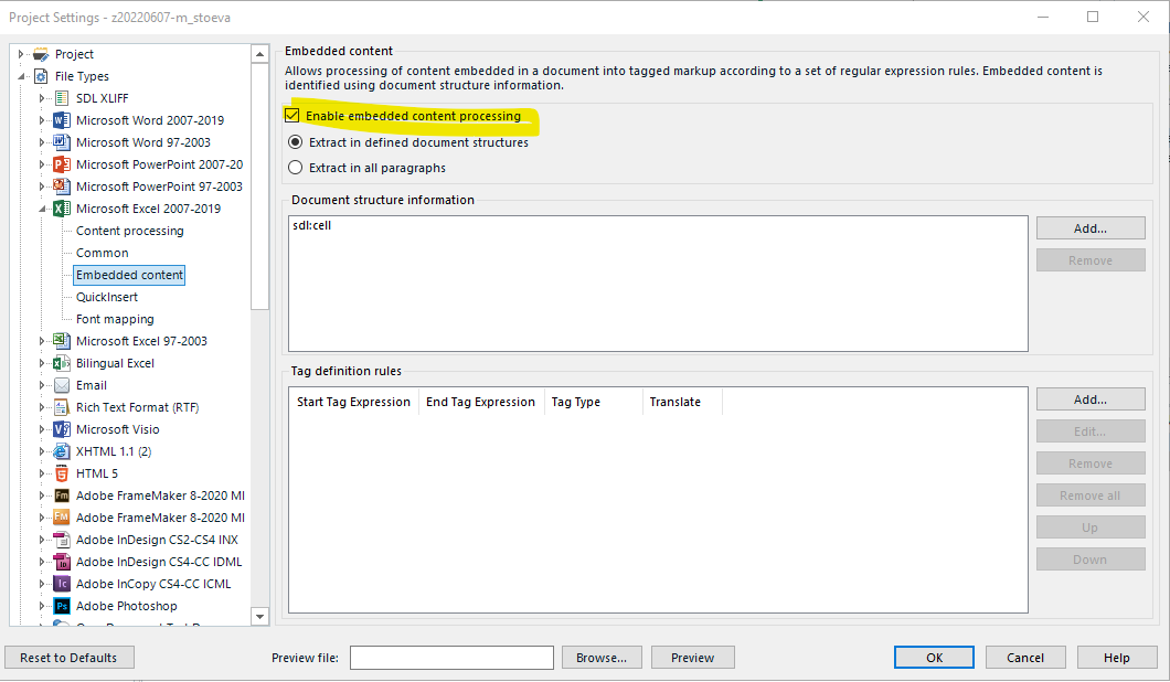 Screenshot of Trados Studio project settings with 'Enable embedded content processing' option checked in the 'Embedded content' section.