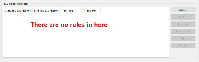 Trados Studio screenshot showing an error message 'There are no rules in here' in the Tag definition rules section.