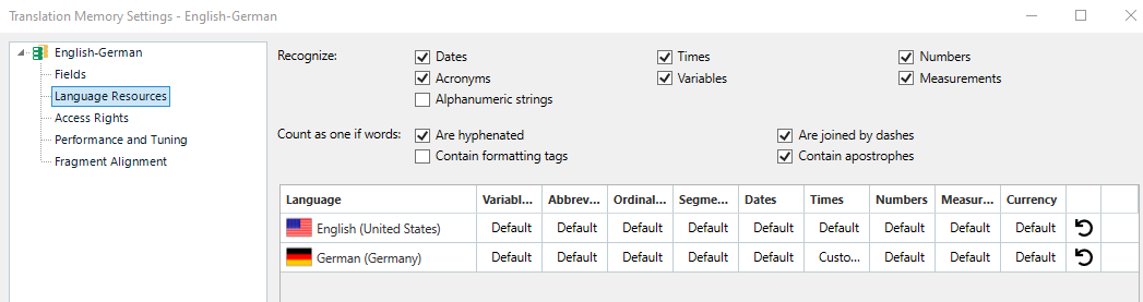 Screenshot of Translation Memory Settings in Trados Studio with Language Resources for English-German selected, showing options for recognizing dates, times, and other variables.